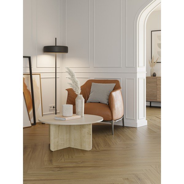 Măsuță de cafea crem/în culoare naturală rotundă cu aspect de lemn de stejar ø 80 cm Hillary – Marckeric-image-1