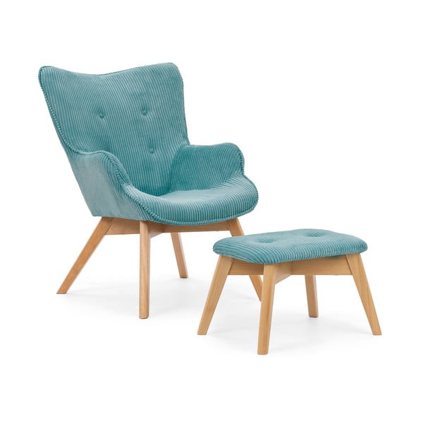 Fotoliu cu taburet turcoaz cu tapițerie din catifea reiată Niko – Ropez