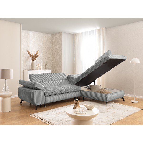 Colțar gri deschis cu tapițerie din catifea reiată  (cu colț pe partea dreaptă/în formă de ”L”) Marbeya  – Ropez-image-4