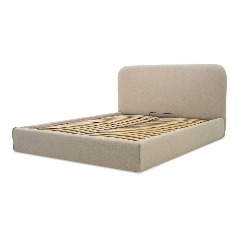 Pat matrimonial bej tapițat cu spațiu de depozitare cu somieră 140x190 cm Sea – Scandic