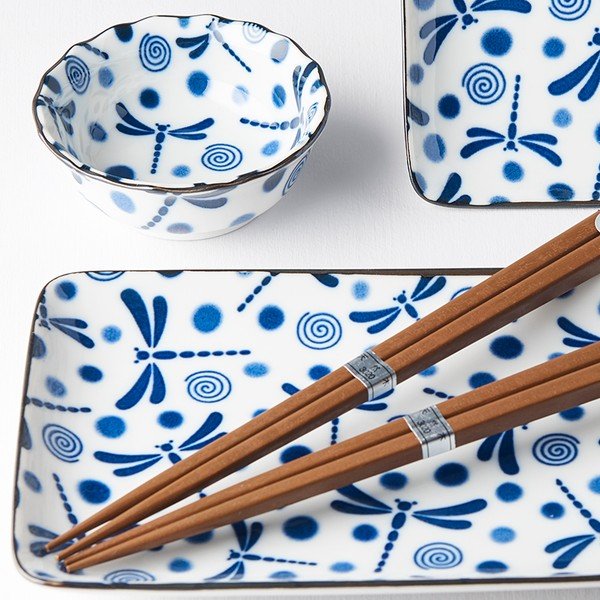 Set 6 farfurii de sushi din ceramică MIJ Blue Dragonfly, albastru-alb-image-2