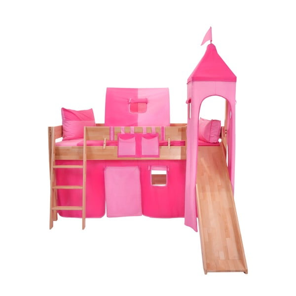 Pătuț cu tobogan pentru copii și set roz din bumbac Mobi furniture Luk, 200 x 90 cm