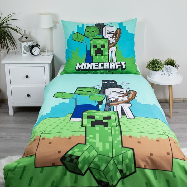 Lenjerie de pat pentru copii verde-albastră din bumbac pentru pat de o persoană 140x200 cm Minecraft "Mobs Here" – Jerry Fabrics-image-1