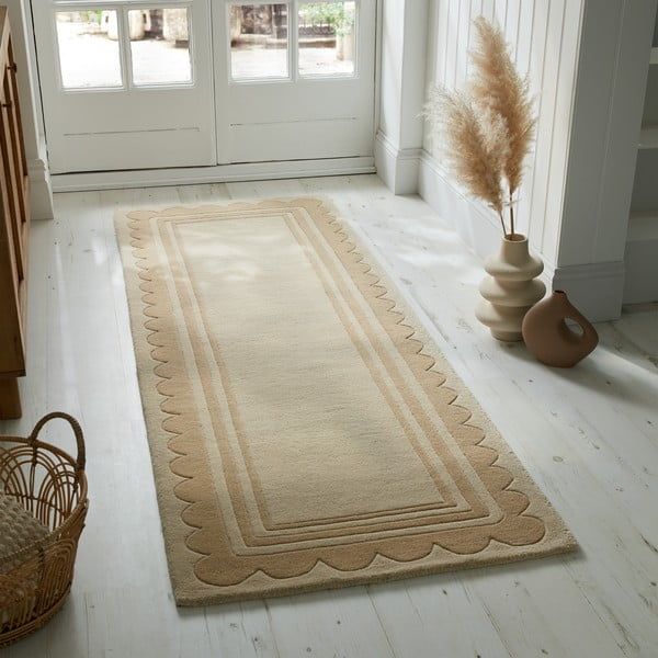 Covor tip traversă în culoare naturală țesut manual din lână 80x230 cm Lois Scallop – Flair Rugs-image-1