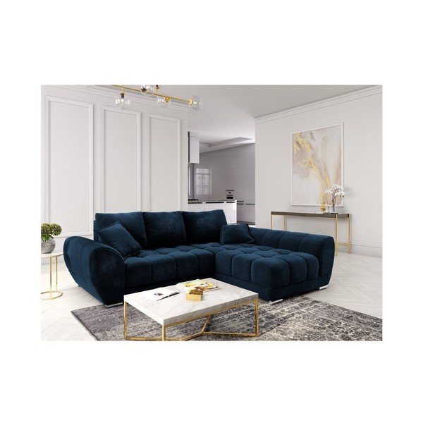 Colțar extensibil cu tapițerie de catifea și șezlong pe partea dreaptă Windsor & Co Sofas Nuage, albastru-image-1