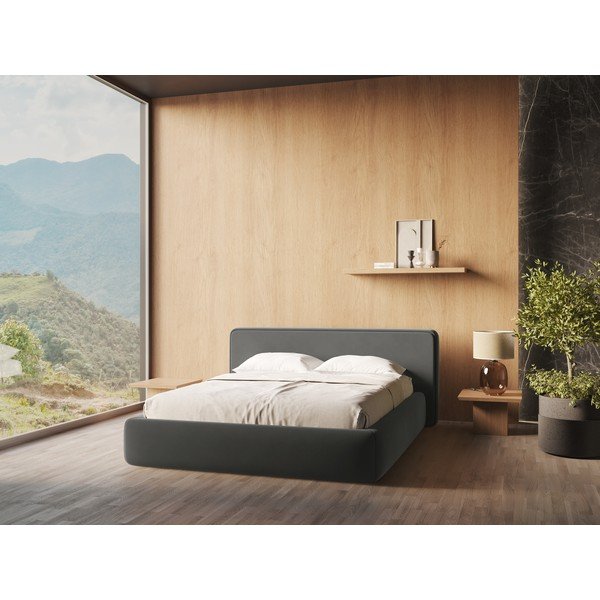 Pat matrimonial gri închis tapițat cu spațiu de depozitare cu somieră 160x200 cm Kiana – Makamii-image-1