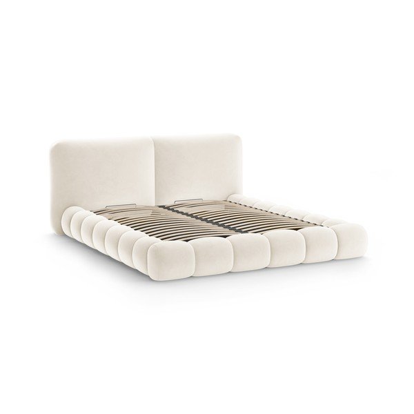 Pat matrimonial fildeș tapițat cu spațiu de depozitare cu somieră 160x200 cm Solange – Micadoni -image-3