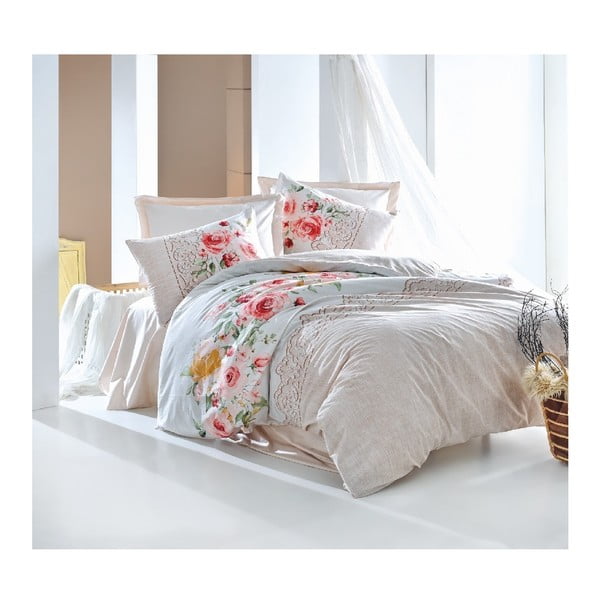 Set lenjerie de pat din bumbac pentru pat dublu Ranforce Flora, 200 x 220 cm