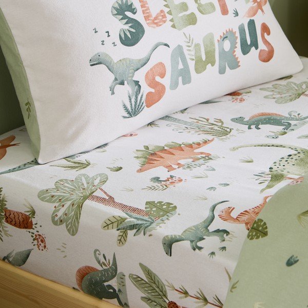 Cearceaf pentru copii crem din flanelă pentru pat de o persoană cu elastic 90x190 cm Brushed Sleepy Saurus Dino – Catherine Lansfield