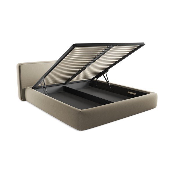 Pat matrimonial bej tapițat cu spațiu de depozitare cu somieră 180x200 cm Kiana – Makamii-image-3