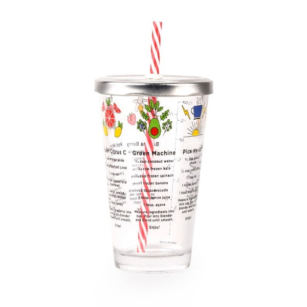Pahar cu pai și rețetă imprimată pe sticlă Kikkerland Smoothie, 475 ml-image-1