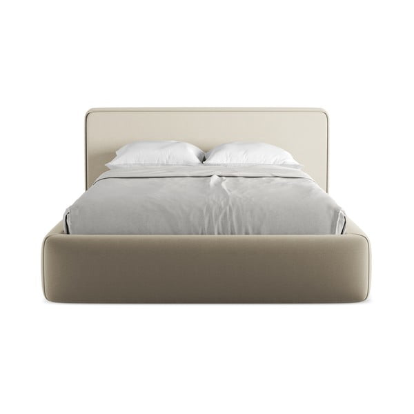 Pat matrimonial bej tapițat cu spațiu de depozitare cu somieră 140x200 cm Kiana – Makamii-image-4