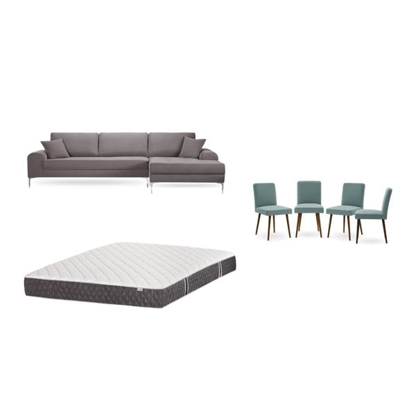 Set canapea maro cu șezlong pe partea dreaptă, 4 scaune taupe și saltea 160 x 200 cm Home Essentials