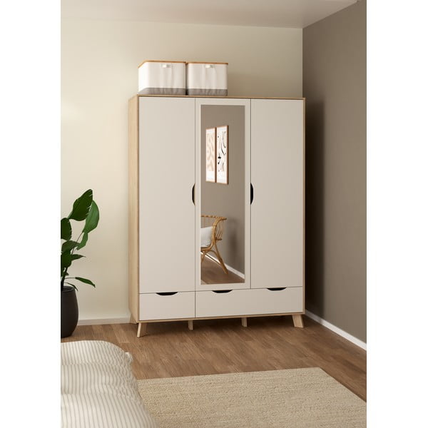 Șifonier alb-în culoare naturală cu aspect de lemn de stejar cu oglindă 147x201x58 cm Ikast – Tvilum-image-1