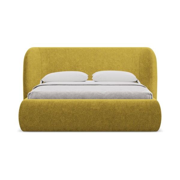 Pat matrimonial galben muștar tapițat cu spațiu de depozitare cu somieră 180x200 cm Hauke – Makamii-image-3