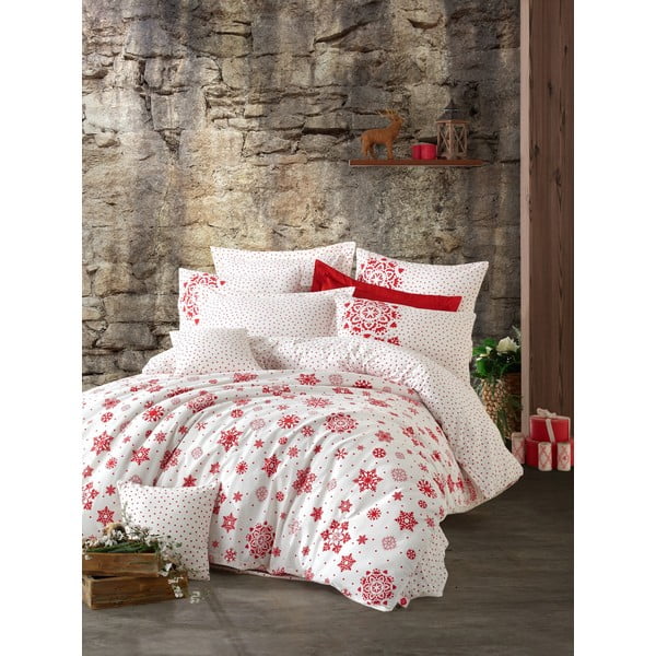 Lenjerie cu cearceaf pentru pat dublu, din bumbac ranforsat Cotton Box Snowflake Red, 200 x 220 cm