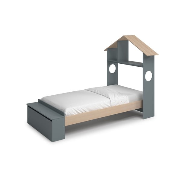 Pat pentru copii  în culoare naturală/verde prăfuit de tip casă cu aspect de lemn de pin cu spațiu de depozitare cu somieră 90x190 cm Odessa – Marckeric-image-2