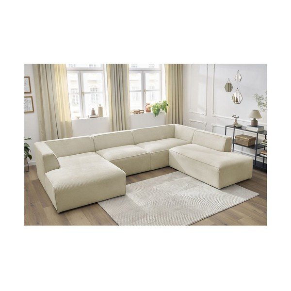Colțar modular bej cu tapițerie din catifea reiată  (cu colț pe partea dreaptă/în formă de "U") Megeve – Bobochic Paris-image-4