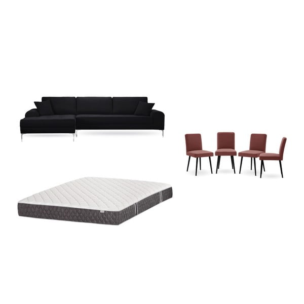 Set canapea neagră cu șezlong pe partea stângă, 4 scaune roșu cărămiziu și saltea 160 x 200 cm Home Essentials