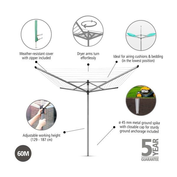 Uscător de rufe argintiu pentru grădină 60 m Lift-O-Matic – Brabantia-image-4