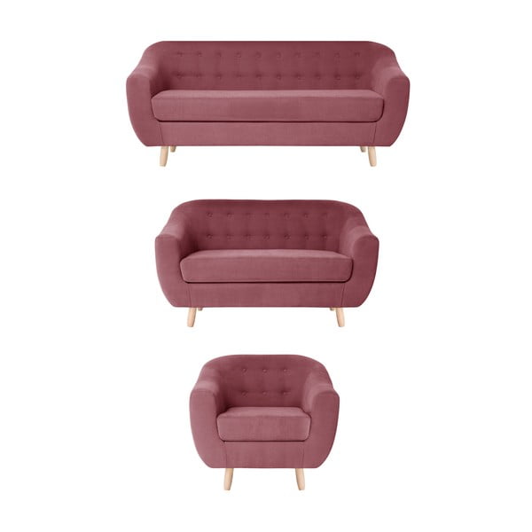 Set fotoliu și 2 canapele pentru 2 și 3 persoane Jalouse Maison Vicky, roșu roz