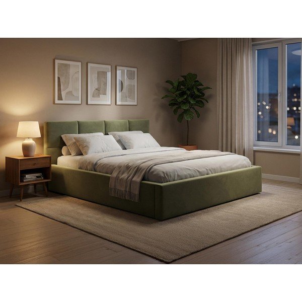 Pat matrimonial verde închis tapițat din catifea cu spațiu de depozitare cu somieră 140x200 cm Hiko – Makamii-image-1