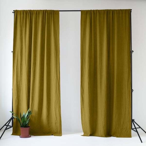 Draperie galben ocru-verde din in 140x330 cm Moss Green – Linen Tales