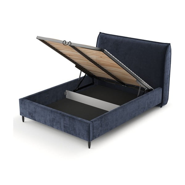 Pat matrimonial albastru închis tapițat cu spațiu de depozitare cu somieră 180x200 cm Shell – Maison de Rêve-image-4