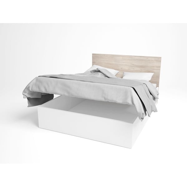 Pat matrimonial alb/cu aspect de lemn de stejar cu spațiu de depozitare 140x190 cm Sahara – Marckeric-image-3