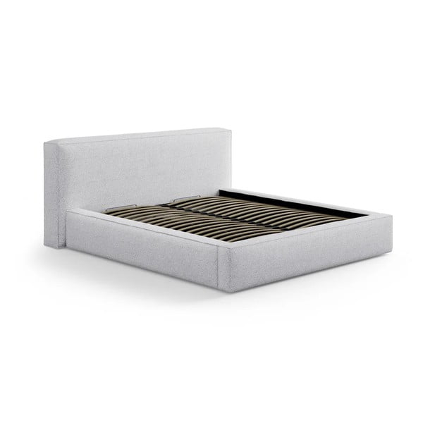 Pat matrimonial gri deschis tapițat cu spațiu de depozitare cu somieră 160x200 cm Simon Olivia – Micadoni 