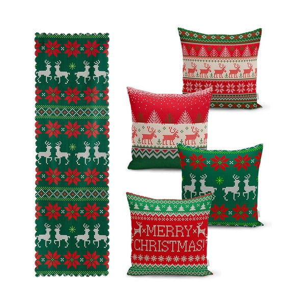 Set 4 fețe de pernă și un napron de masă cu model de Crăciun Minimalist Cushion Covers Merry Christmas