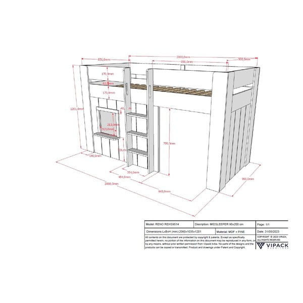 Pat pentru copii  alb înalt din lemn masiv de pin 90x200 cm RENO – Vipack-image-3