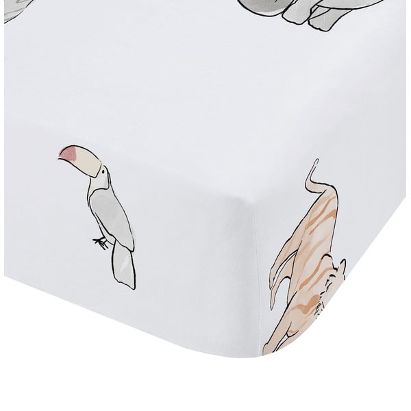 Cearceaf pentru copii alb din bumbac pentru pat de o persoană cu elastic 90x190 cm Zoo Animals – Bianca