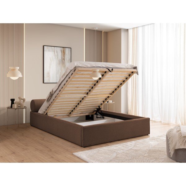 Pat matrimonial maro tapițat cu spațiu de depozitare cu somieră 200x200 cm Cille – Ropez-image-4
