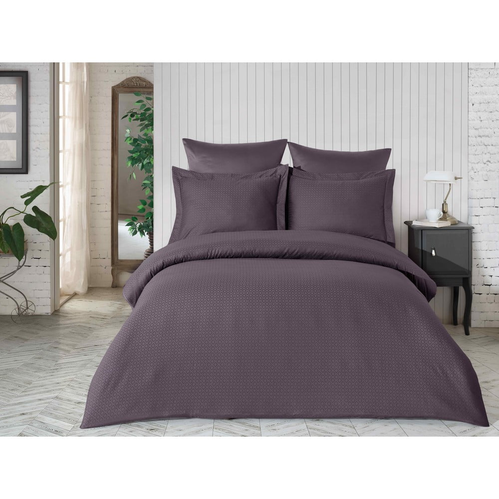 Lenjerie de pat cu cearșaf din bumbac satinat, pentru pat dublu Saheser Elmas Purple, 200 x 220 cm