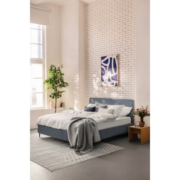 Pat dublu tapițat albastru cu saltea și somieră 160x200 cm Noira Slim - Bonami Selection-image-1