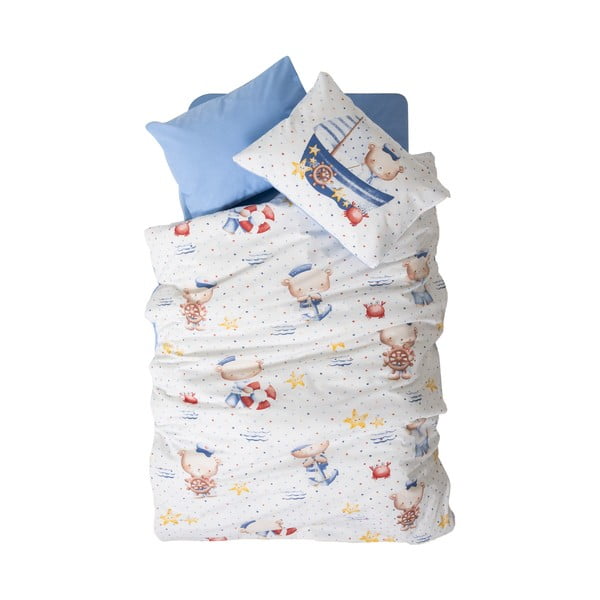 Lenjerie de pat pentru copii albă-albastră din bumbac ranforcé pentru pătuț cu cearceaf inclus, cu 4 piese 100x150 cm Seaman – Mijolnir