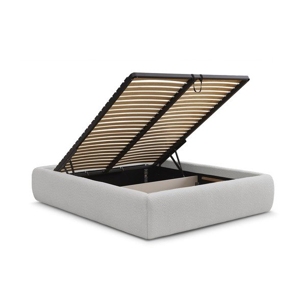 Pat matrimonial gri deschis tapițat cu spațiu de depozitare/fără tăblie cu somieră 160x200 cm Inera – Bobochic Paris-image-3