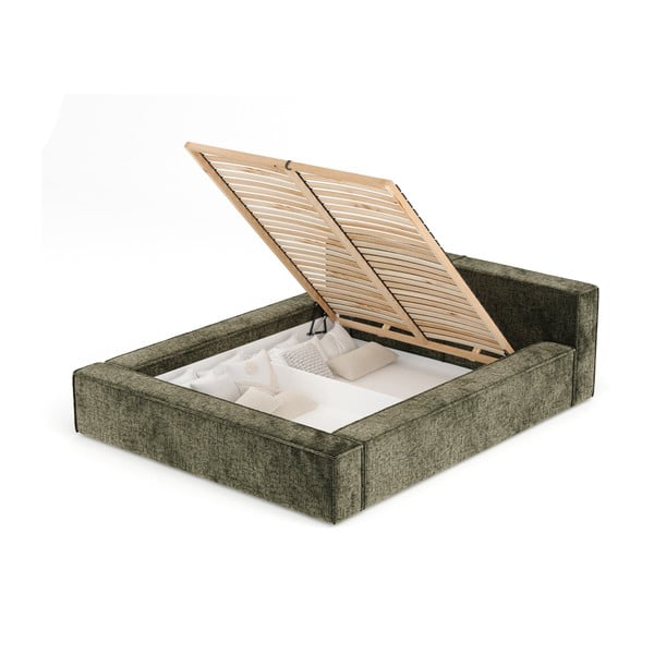 Pat matrimonial verde închis tapițat cu spațiu de depozitare cu somieră 180x200 cm Voliera – Maison de Rêve-image-2