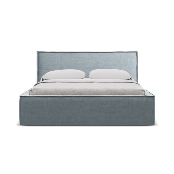 Pat matrimonial albastru deschis tapițat cu spațiu de depozitare cu somieră 160x200 cm Anani – Makamii-image-4