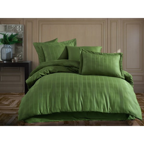 Lenjerie de pat dublu  verde din bumbac satinat extinsă  cu cearșaf și cuvertură 240x260 cm Ekose – Mijolnir