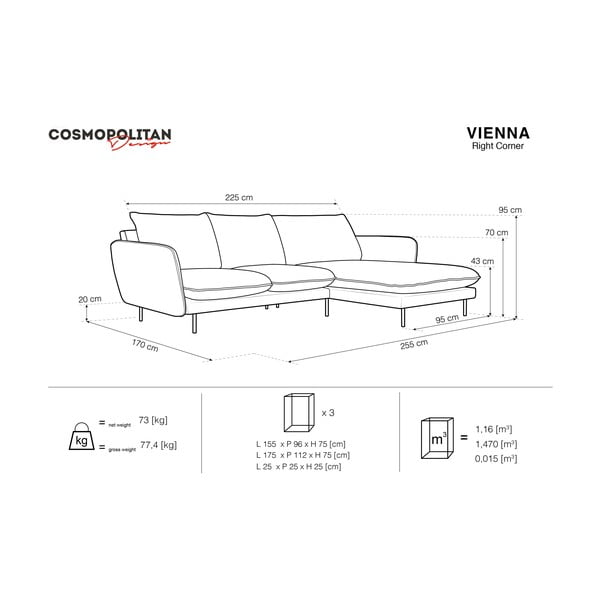 Colțar cu șezlong pe partea dreaptă Cosmopolitan Design Vienna, gri închis-image-4