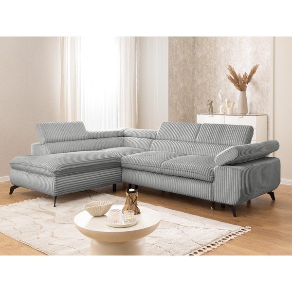 Colțar gri deschis cu tapițerie din catifea reiată  (cu colț pe partea stângă/în formă de ”L”) Marbeya  – Ropez-image-1