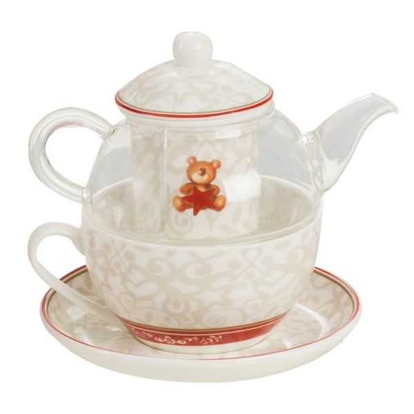 Set de ceainic, ceașcă, farfurioară și sită de ceai din porțelan Brandani Abbracci Bear