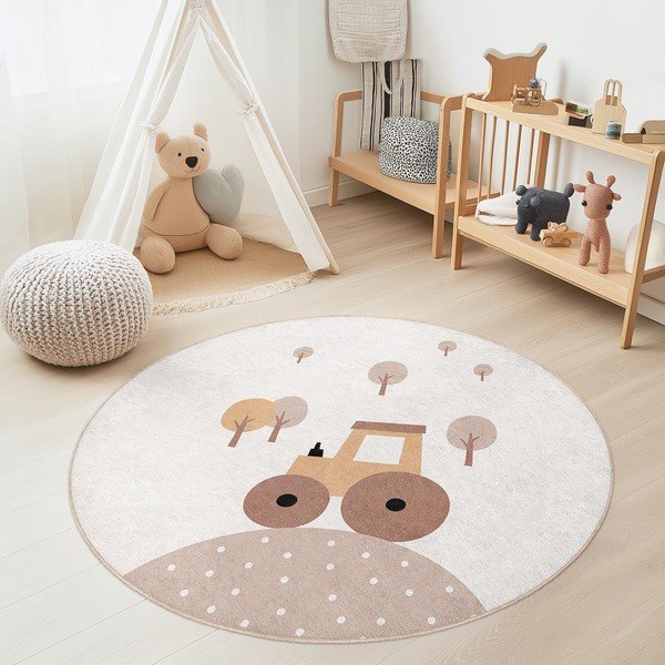Covor pentru copii bej lavabil ø100 cm Tractor World – Mila Home-image-1