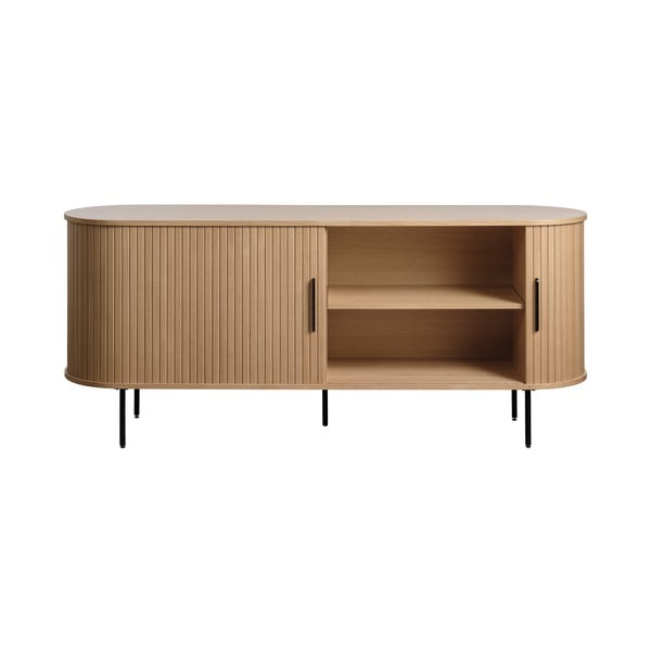 Comodă joasă cu aspect de lemn de stejar cu ușă glisantă 76x180 cm Nola – Unique Furniture-image-2