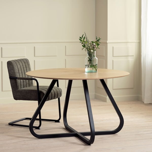 Masă de dining în culoare naturală rotundă cu blat cu aspect de lemn de stejar ø 120 cm Cesura – Unique Furniture-image-1