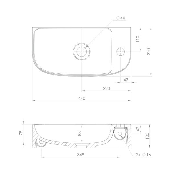 Chiuvetă mică pentru WC albă din compozit mineral 44x22 cm Alga – Sapho-image-4