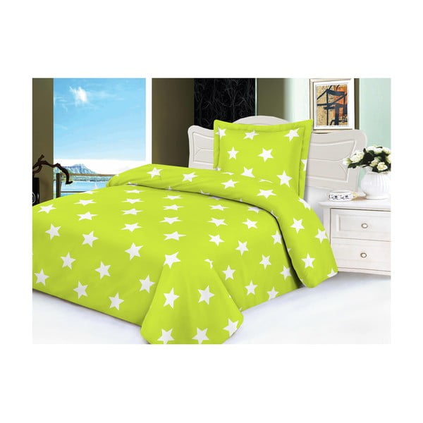 Lenjerie de pat din micropluș My House Stars, 140 x 200 cm, verde lime-alb