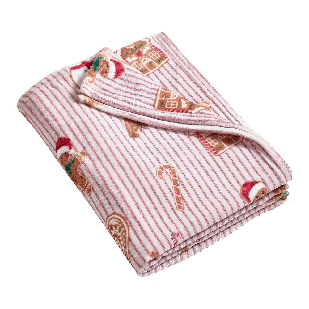 Pătură roșie/în culoare naturală 170x130 cm cu model de Crăciun Christmas Gingerbread Stripe – Catherine Lansfield